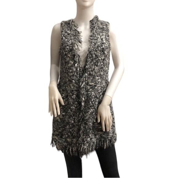 Chico’s Grey and White Fringed Sleeveless Wool Blend Cardigan Extra Small - Picture 1 of 8
